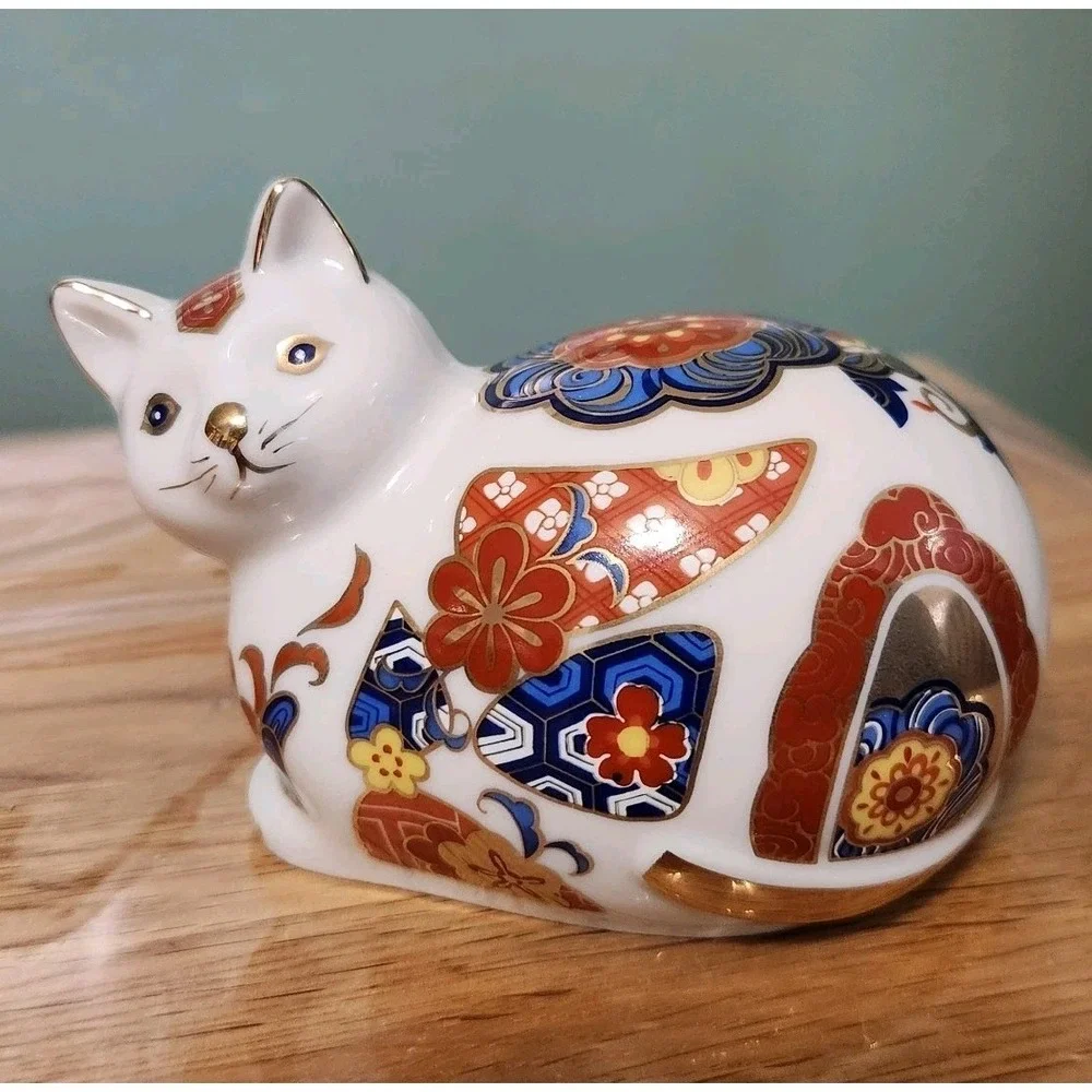 Japanese  Porcelain Decorated Cat Figurine Floral Gold Accents Imari Like Gift